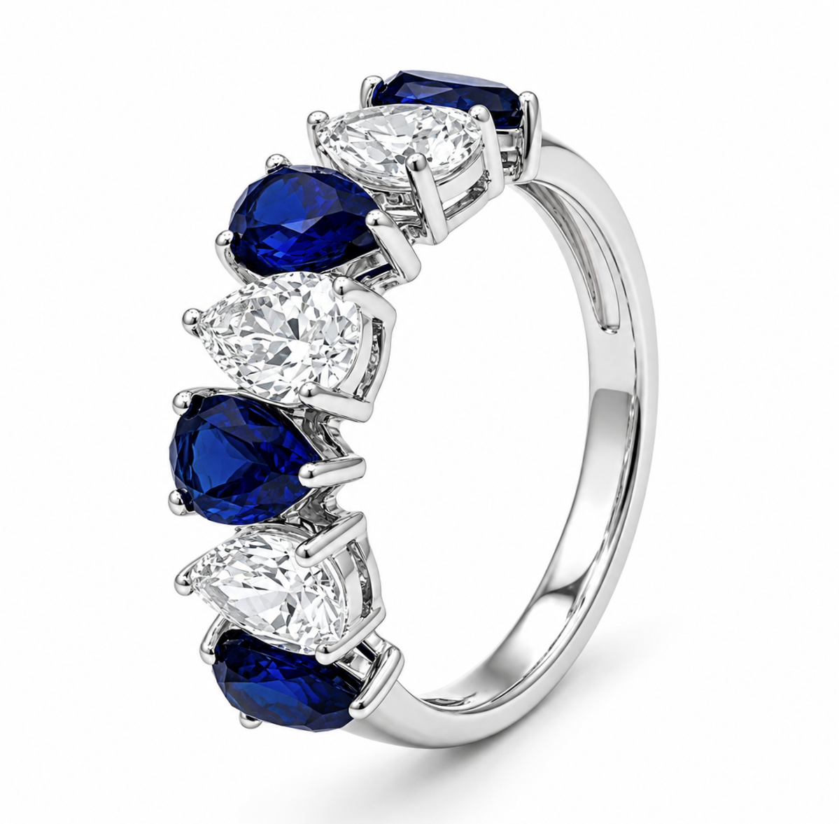 Pear Cut Vivid Blue Sapphire and Diamond Alternating Multi-Stone Ring in White Gold 26P3074